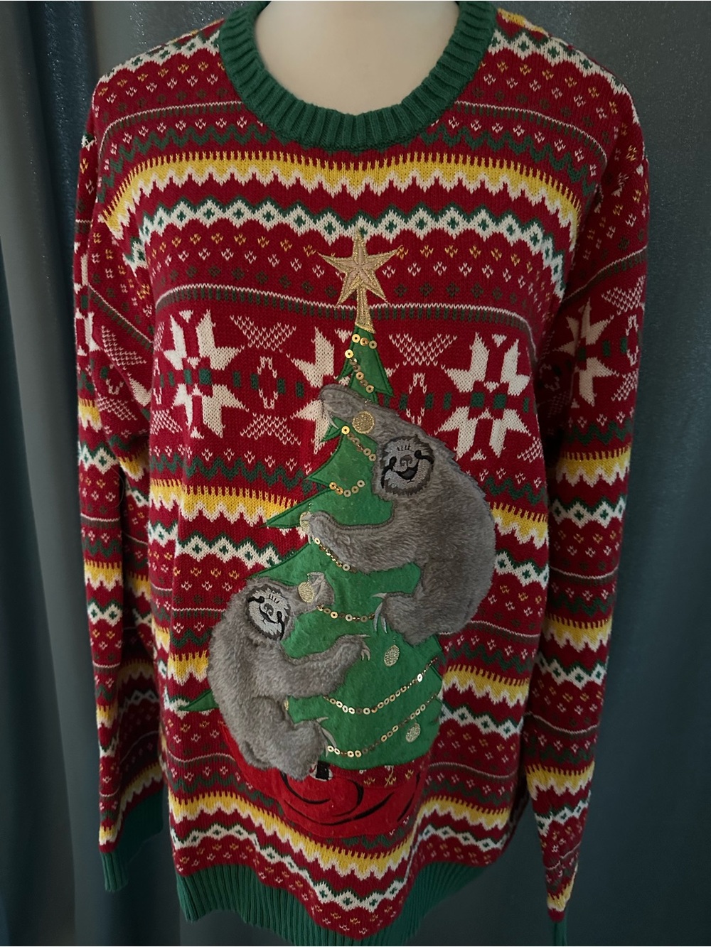 33 Degrees XXL Ugly Christmas Sweater Sloth Tree Fair Isle Sequin Holiday XXL